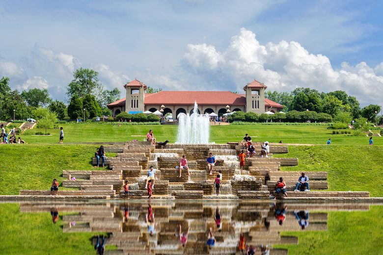 People gather at the World's Fair Pavilion in Forest Park.