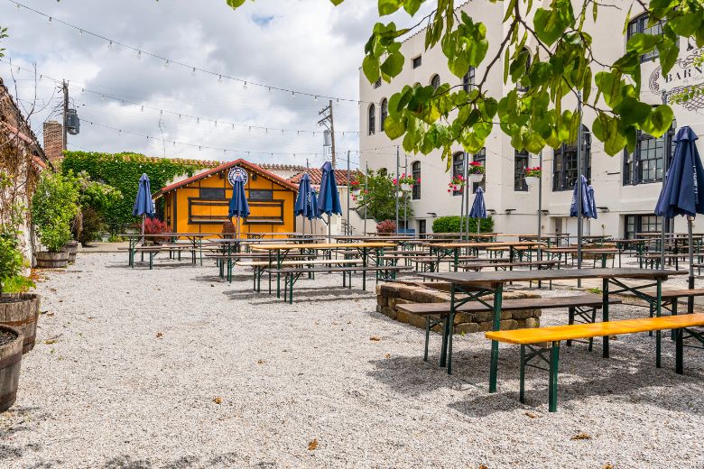 The biergarten at Urban Chestnut's Midtown location hosts trivia every Thursday.