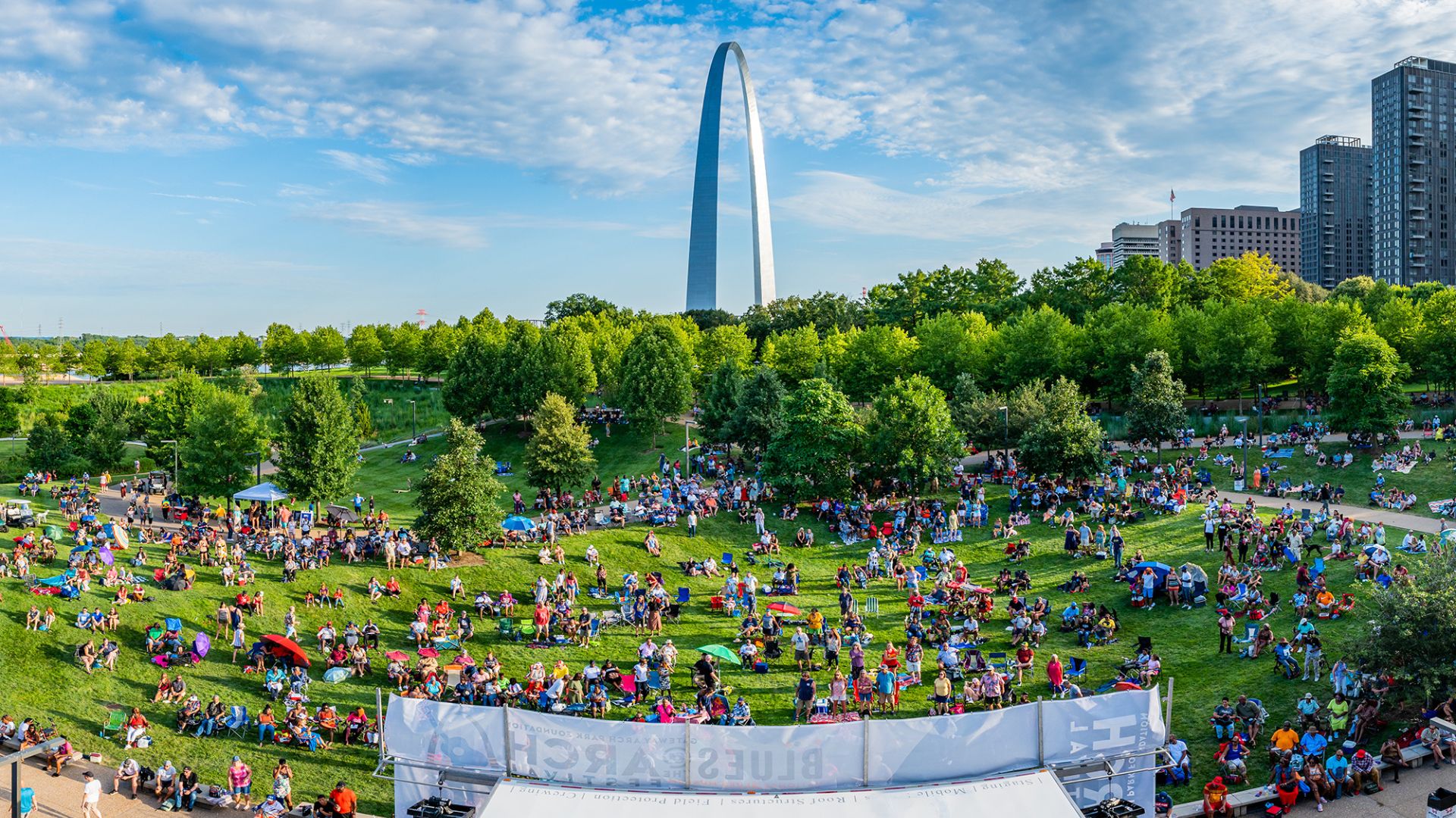 People gather for Blues at the Arch in St. Louis.