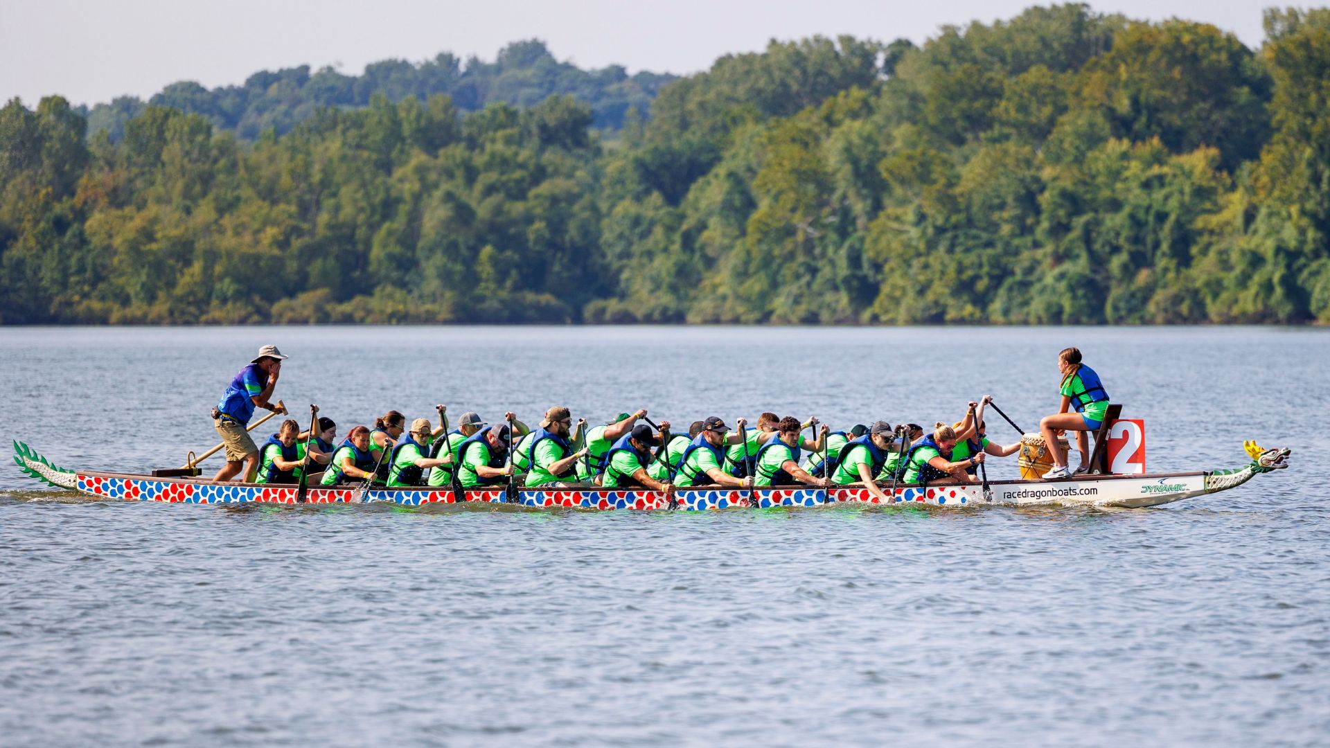 A team paddles in the Gateway Dragon Boat Race, held annually in St Louis.